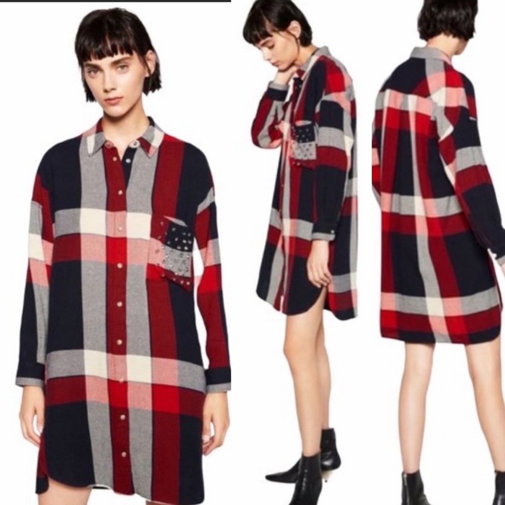 Zara Basic Studded Plaid Flannel Pocket Oversized Shirt Dress Size XS